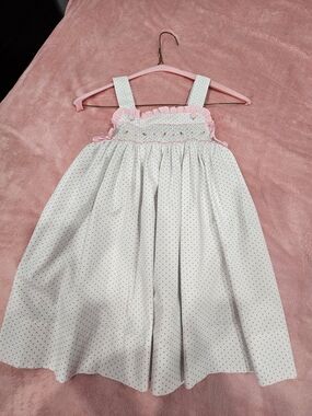 Petit Pomme White Dress with Tiny Blue Polka Dots